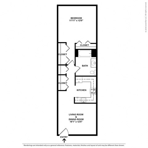 A floor plan for a home with a bedroom, three closets, a bath, a kitchen, and two dining rooms.